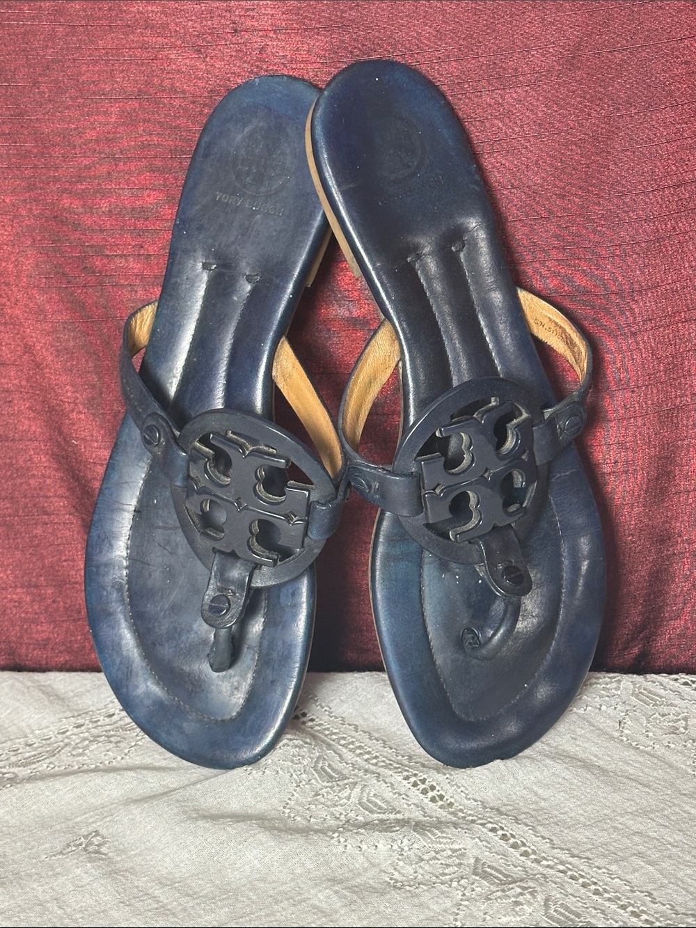 💙 Tory Burch Miller Navy Leather Sandals Patent Double T Logo